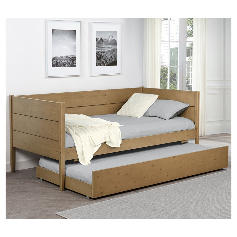Lit de jour double Stewart Natural avec lit gigogne - Cadre rustique en pin avec lit d'appoint coulissant