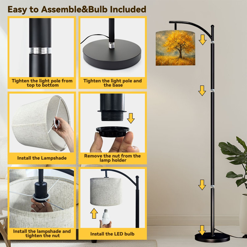 Lampe sur pied à DEL à arc à intensité variable avec lumière dorée, abat-jour réglable en hauteur avec télécommande, pour le salon, la chambre et le bureau