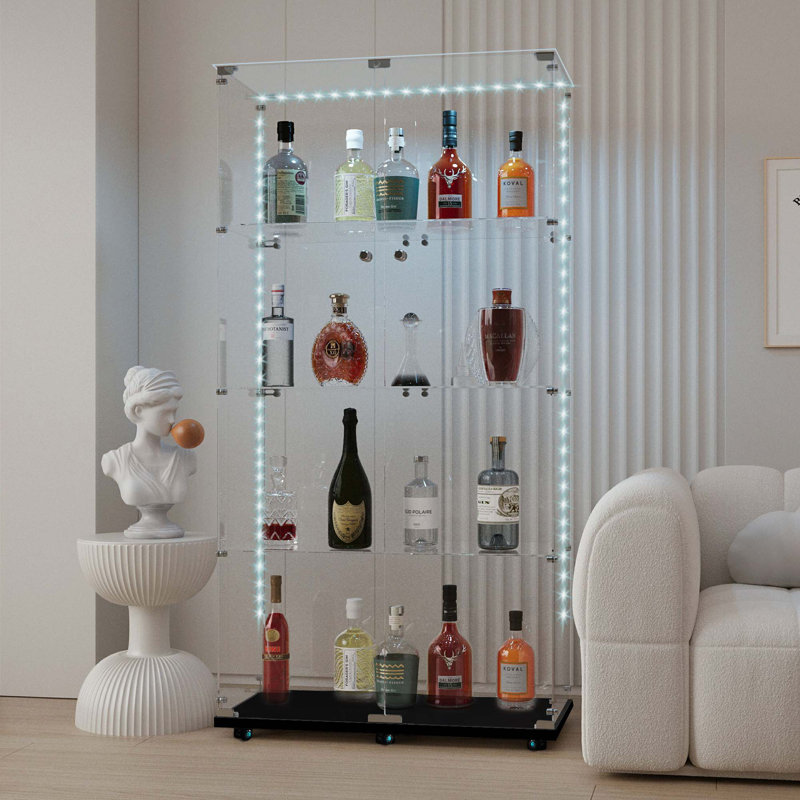 Tempered Glass Display Cabinet,Wine Cabinet, Storage Cabinet,File Cabinet,With Bluetooth LED Strip,Can Be Controlled By Remote Control Or Mobile APP,Swivel Casters,Can Be Placed Anywhere