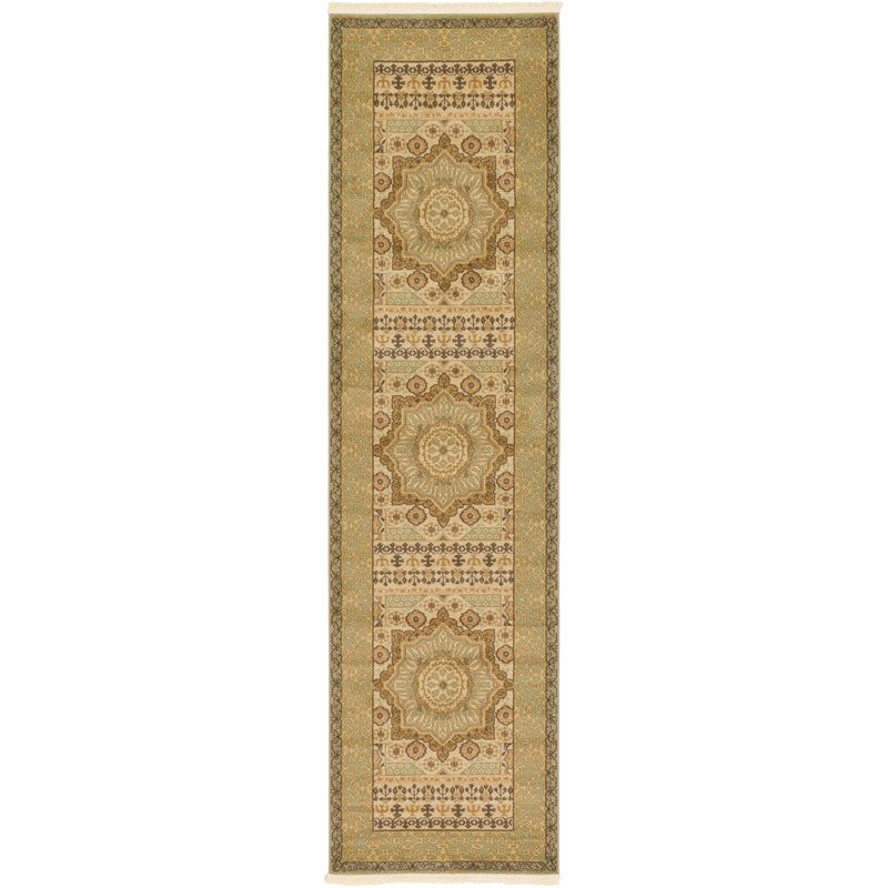 Tapis oriental crème / vert Ophelia, Tapis de couloir 2 pi 7 po x 10 pi