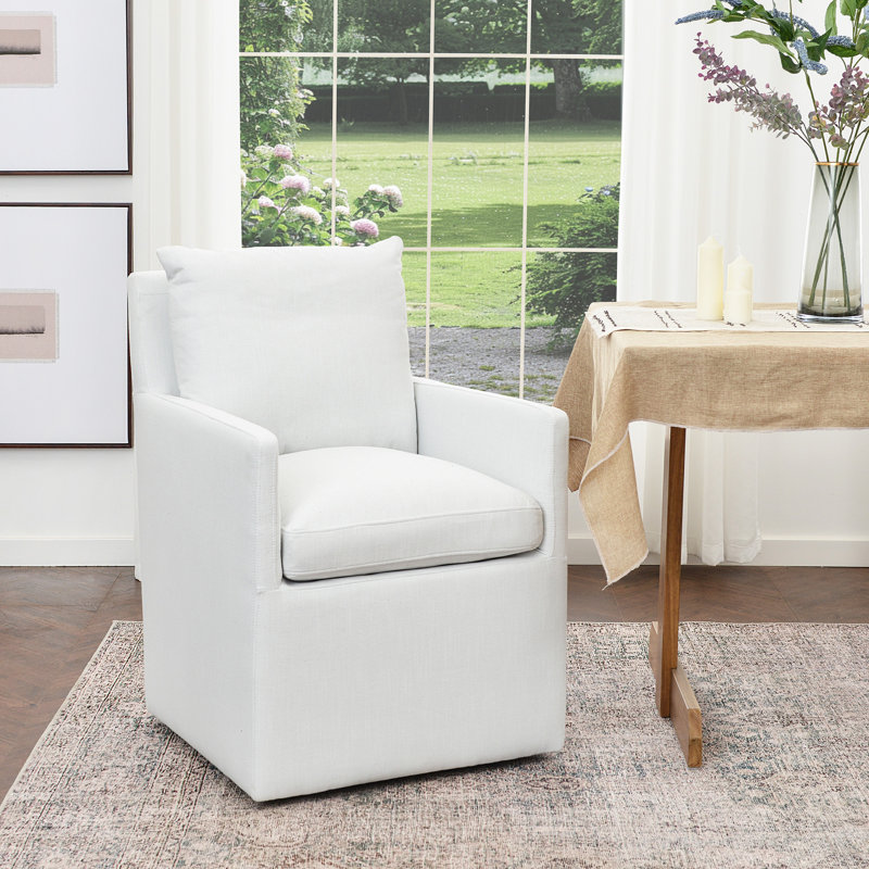 Cheryal 25" Wide Modern No Assembly Upholstered Linen Down Fill Dining Armchair with Interchangeable Casters & Fixed Feet 