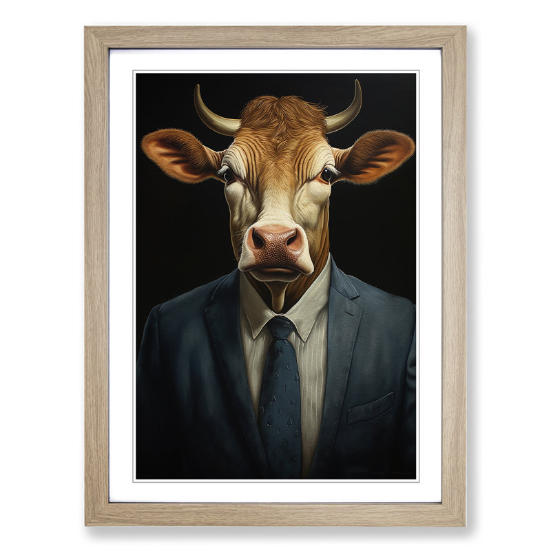 XYZ-FRM-V1223-447 Cow In A Suit Painting No.3 - Single Picture Frame Print on Wood
