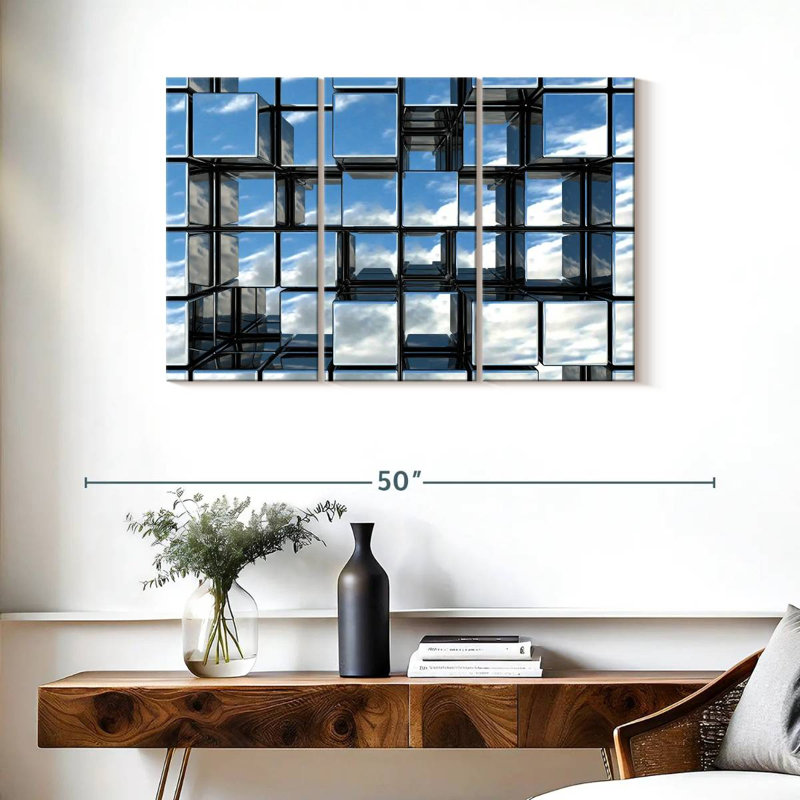 Abstract Square Mirrors On Canvas 3 Pieces Set, 38" H x 24" W x 1.25" D