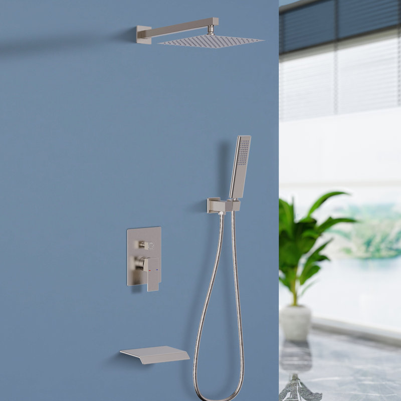 Système de douche à pluie mural 12 pouces avec pomme de douche à main et bec de baignoire Topcraft, Nickel brossé