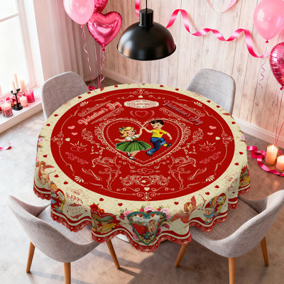Nappe rétro - Coussin décoratif rouge à motif de cœur et de romantique pour la Saint-Valentin, table de salle à manger, nappe ronde, nappe réutilisable