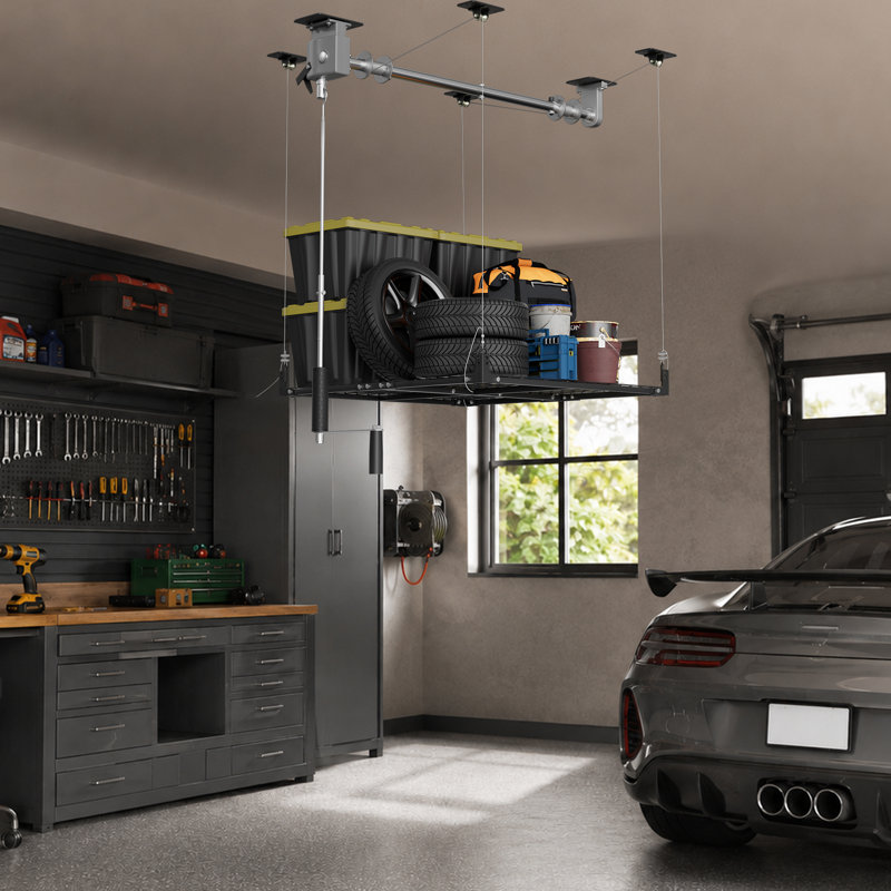 Overhead Garage Storage Lift, Adjustable Heavy-Duty 47.24x47.24 Inch Ceiling Rack with Security Lock, Garage Organization System, 400lbs Load Rating (Standard Edition)