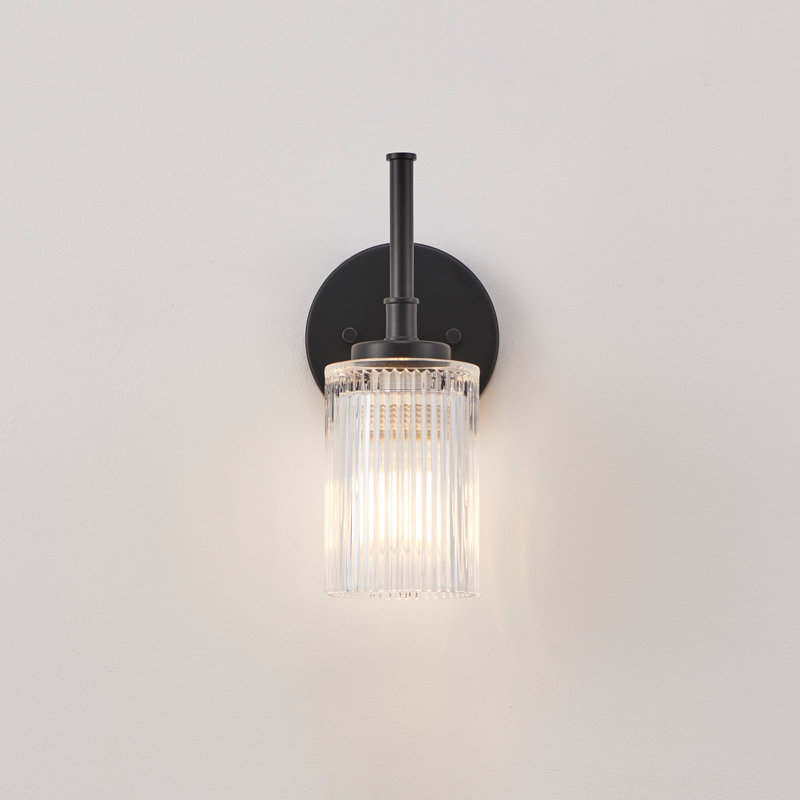 1- Light Clear Ribbed Glass Wall Sconce, Matte Black