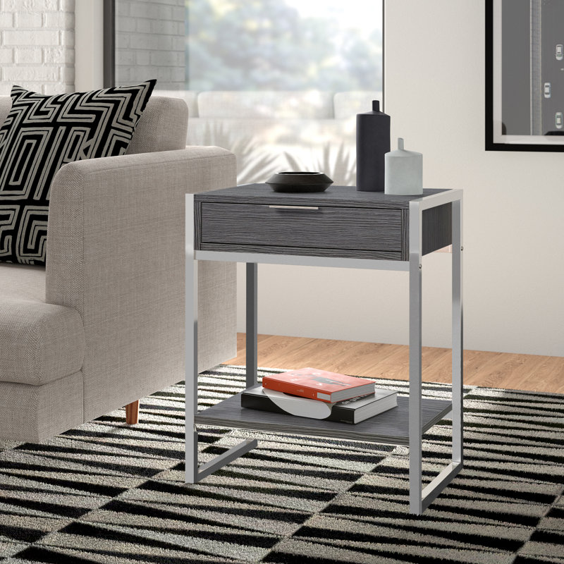 Hemy Accent Side End Table, Drawer, 1 Shelf, 20 Inch, Metal, Chrome, Dark Gray