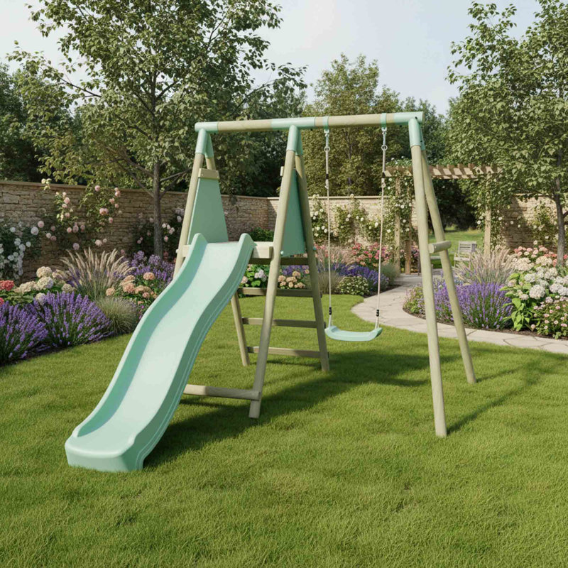 Mercia Wooden Round Pole Single Swing With Slide