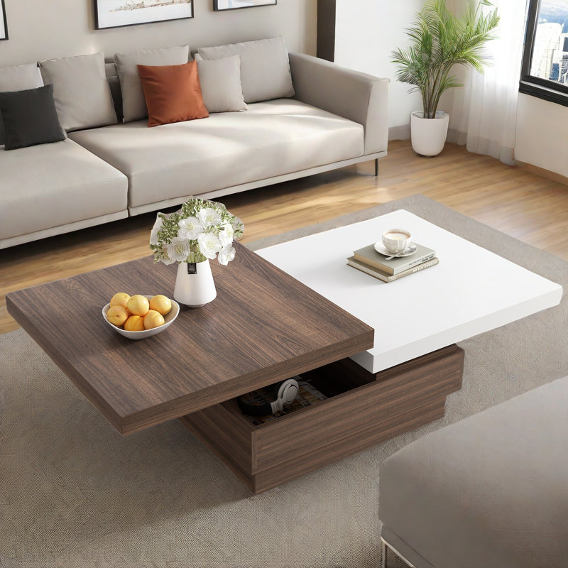 Mohite Modern Square Coffee Table with Rotatable Top, Two Colors Matching and 1 Hidden Storage Space, White/Brown