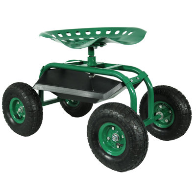 Scooter de jardin en acier avec siège pivotant et plateau à outils - Rouge