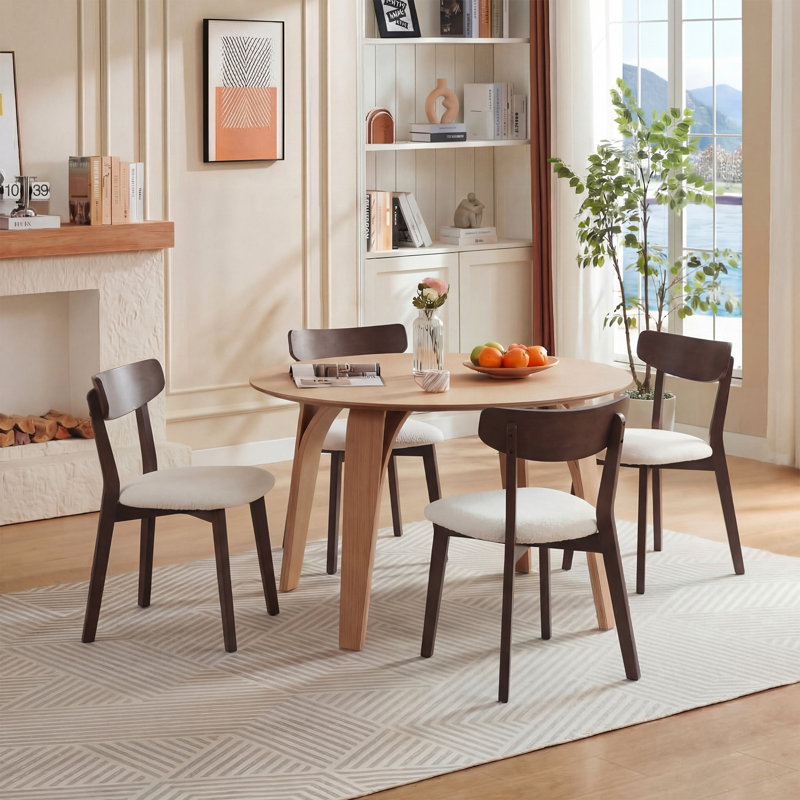 Solid Wood Dining Chairs, Armless Upholstered Modern Side Chairs With Linen Fabric Seat, Walnut, Beige