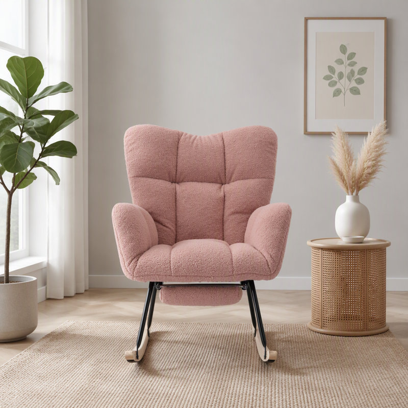 Chaise berçante en tissu avec repose-pieds réglable Teddy, Ourson rose