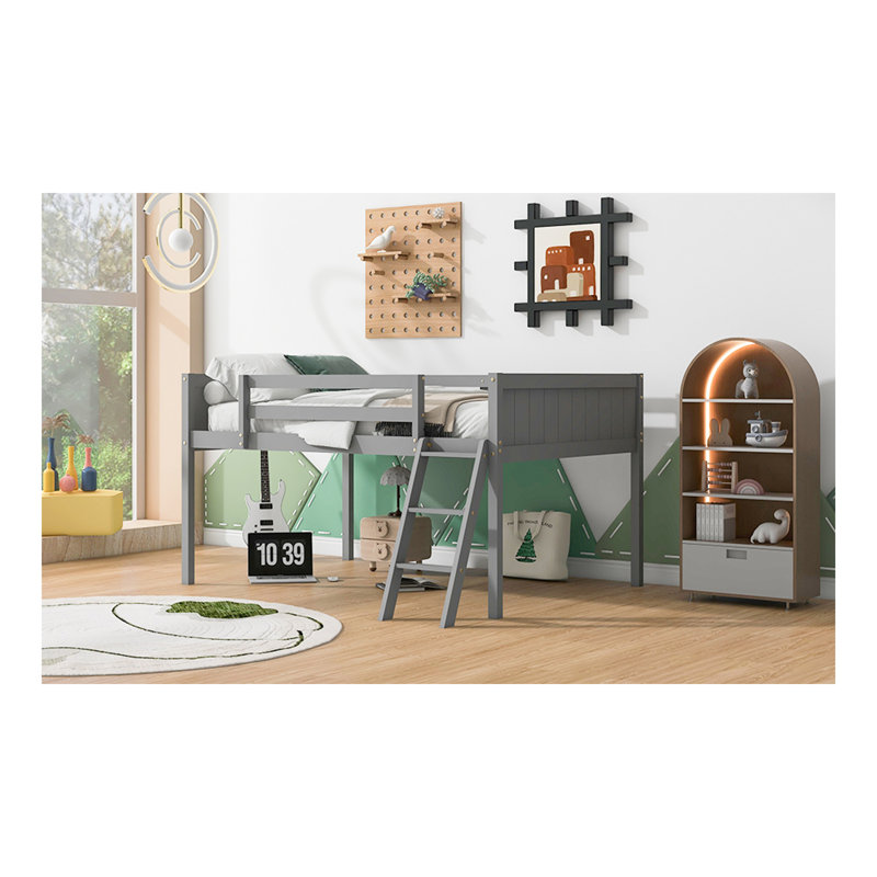 Lit mezzanine double en bois pleine grandeur avec échelle, l'échelle peut être placée à gauche ou à droite, gris
