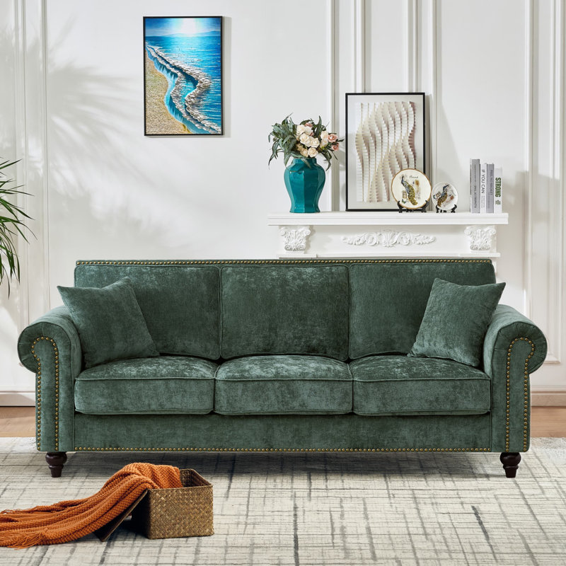 Gillianne 85.62" Chenille Rolled Arm Chesterfield Sofa With Nailhead, Emerald Green