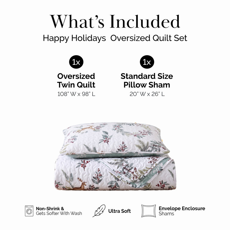 Ensemble de courtepointe réversible en microfibre Happy Holiday, Courtepointe simple et 1 taie décorative