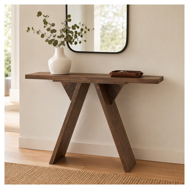 Console Mid-Century moderne étroite avec pieds en forme de V, table d'appoint de 43,4 pouces avec finition noyer