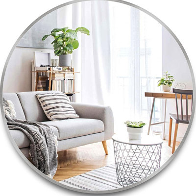 42 Inch Silver Metal Framed Round Bathrrom Mirror for Wall.