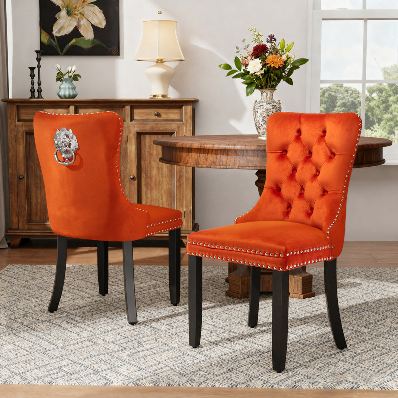 Modern Velvet  Wingback Tufted Solid Wood Upholstered Dining Chairs (Set of 2), Orange