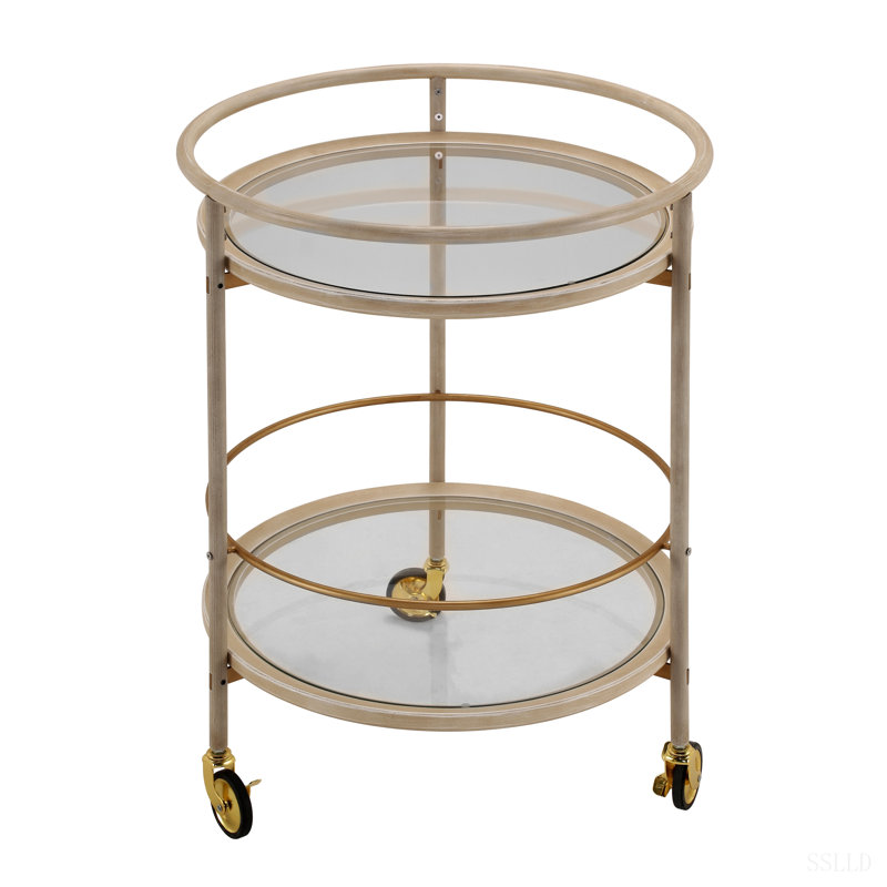 Chariot-bar rond moderne avec tablettes en verre trempé et roulettes verrouillables dorées, Blanc