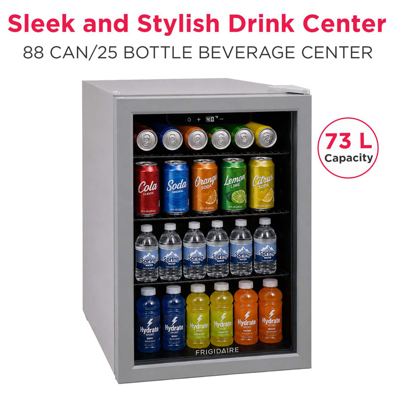 Frigidaire 2.6 Cu. Ft./74 Liter Beverage Refrigerator, Compact Mini Fridge with 88 Cans Capacity, Digital Temperature Control, Grey
