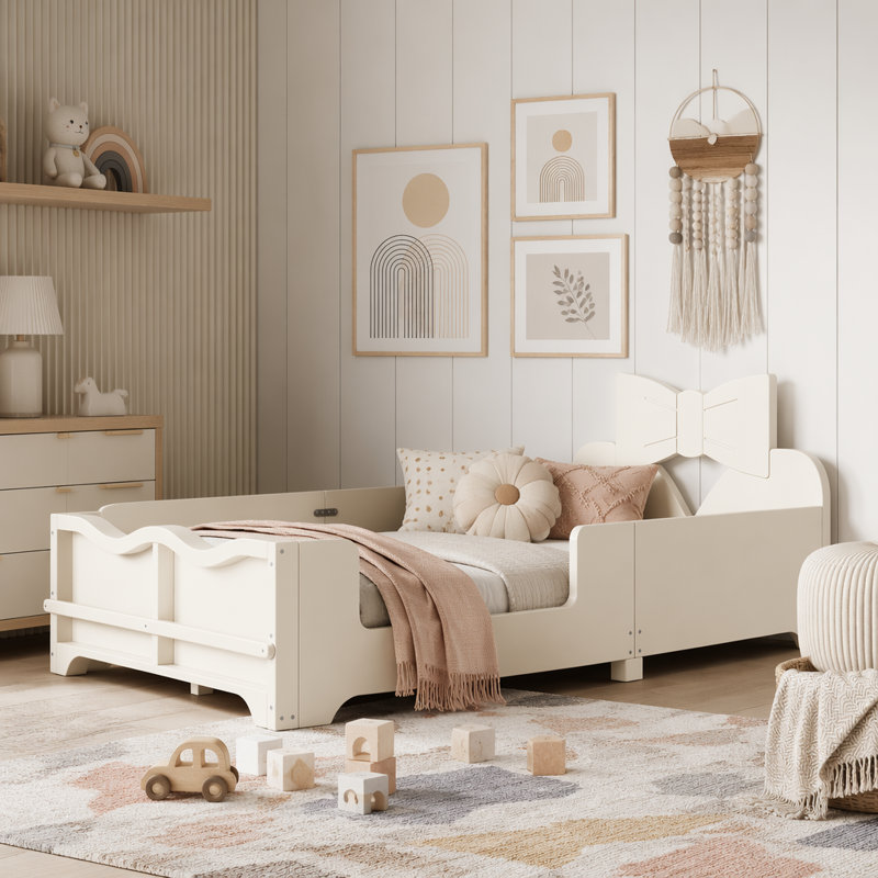 Lit plateforme simple avec tête de lit, garde-corps et bibliothèque, Twin, Beige