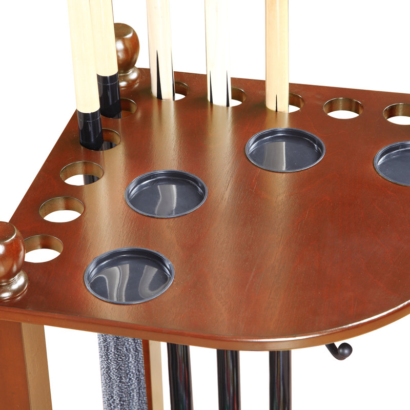 Walnut Corner Floor Cue Rack with Drink Holders