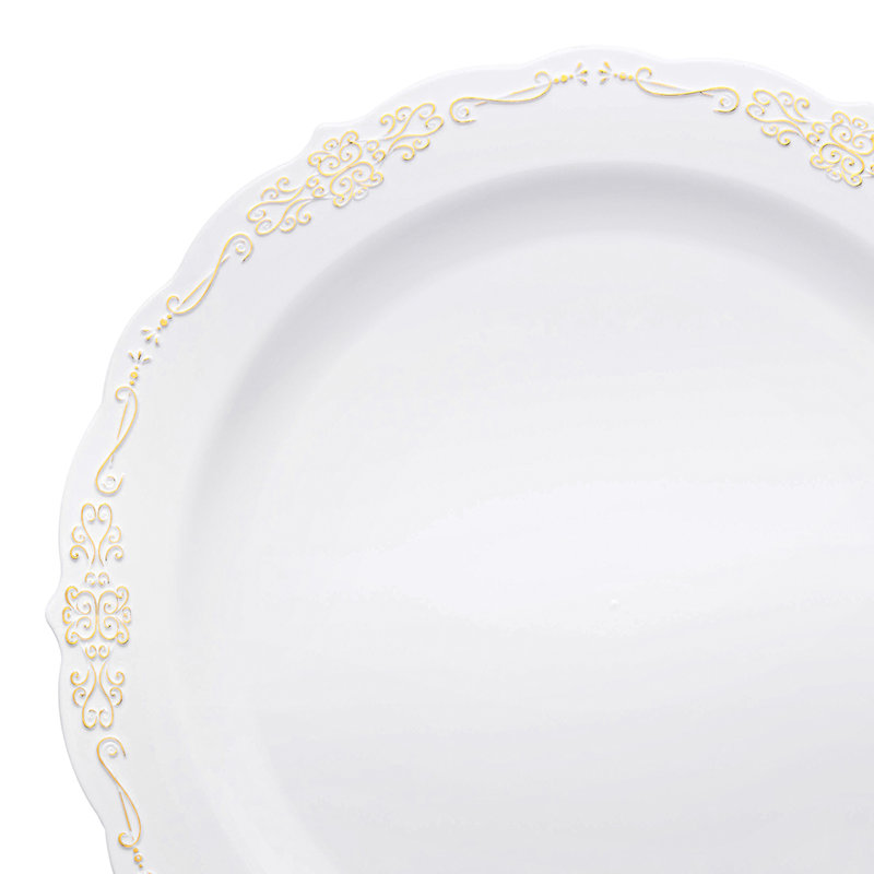 Assiettes jetables rondes en plastique blanc avec rebord doré (10 po)