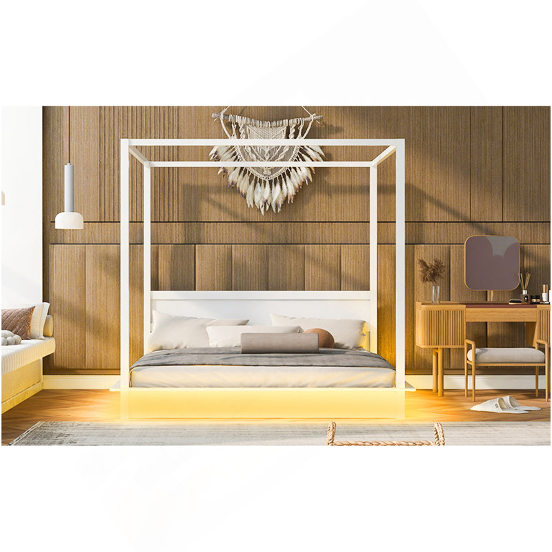 Très grand lit à baldaquin à DEL en bois, lit plateforme à baldaquin avec lattes de soutien, aucun sommier tapissier requis, blanc
