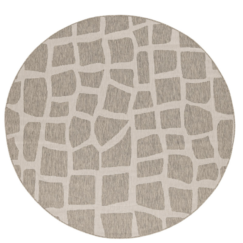 Abstract Indoor / Outdoor Rug, Round 7'10", Ivory/Gray