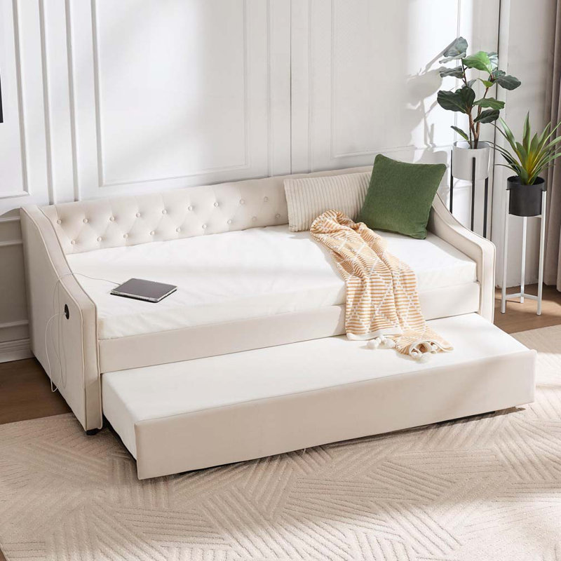 Velvet Upholstery Daybed with Trundle,USB Port ,Side Pockets, Beige