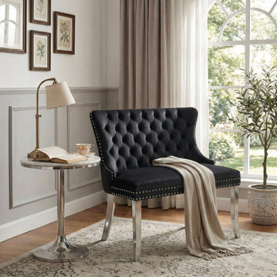 Velvet Upholstered Dining Bench with Tufted Back, Nailhead Trim and Metal Legs