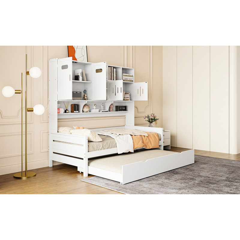 Lit de jour simple avec couchette Construction, L 79,8 po - Lit gigogne en bois spacieux et rangement en blanc, Twin, Blanc