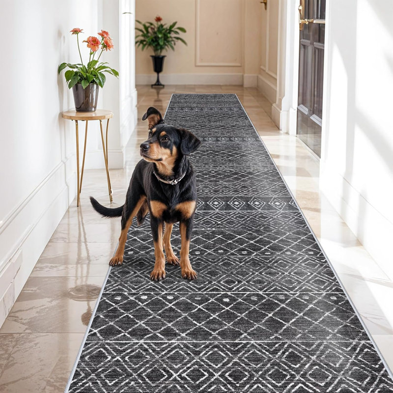 Washable Rugs - Long Hallway Rug Low Pile Rug with Non Slip Backing Floor Mat Moroccan Indoor Carpet for Kitchen Bedroom Entryway Black