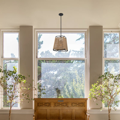 15" Modern Chic Pendant Light + Rattan Style Frame, Black Finish