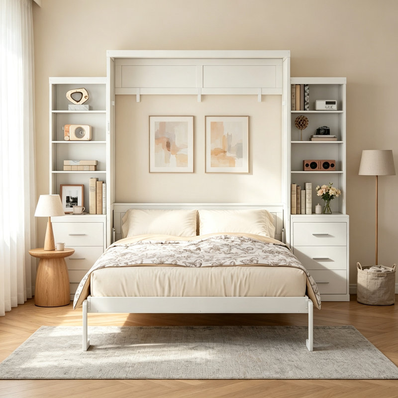 Lit escamotable avec tablettes de rangement et tiroirs Murphy, Double, Blanc