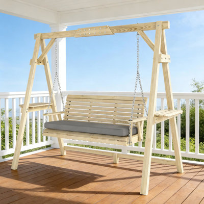 Garden Conversation Swing With Solid Wood Structure, Comfortable Seating Arrangement, Removable Cushion And Carabiners Frame, Adjustable Height, Thick Padded Features