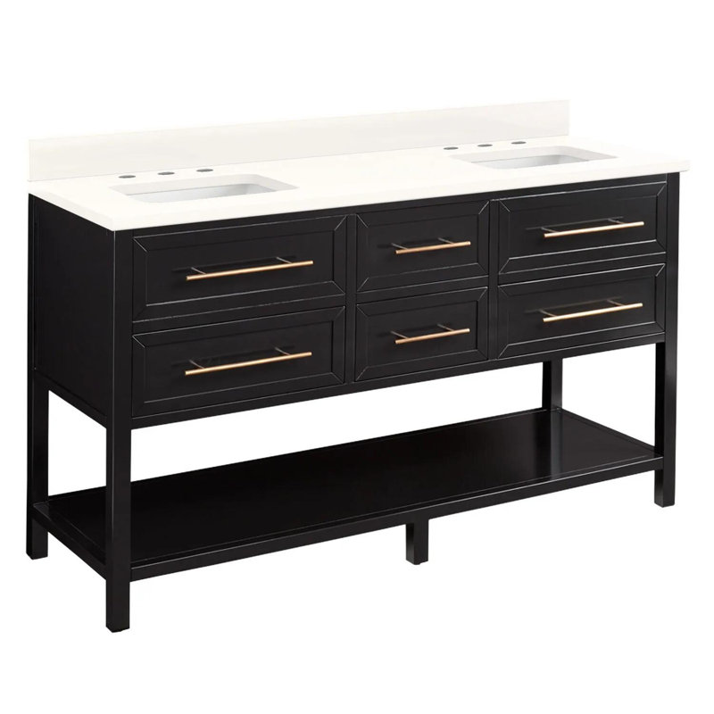 Ensemble de meuble-lavabo double 60 po avec lavabo sous le comptoir Robertson, Noir, 8 po, Quartz blanc arctique