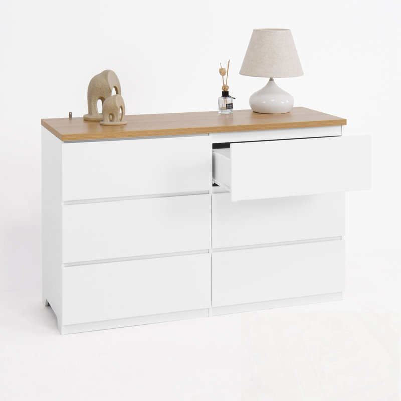 Commodes décoratives avec 6 tiroirs profonds, Blanc et naturel