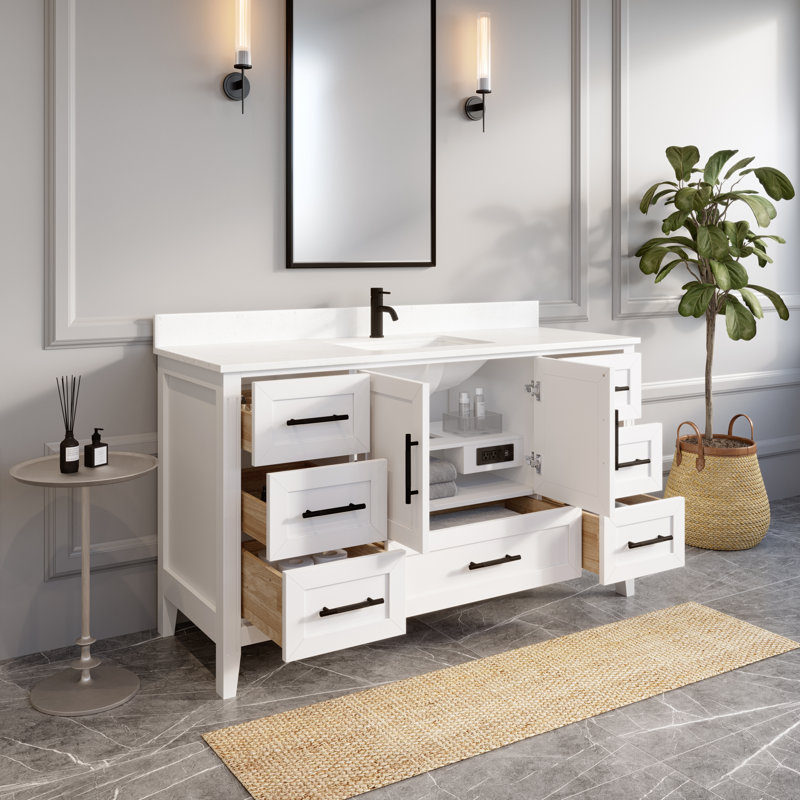 Difiore 60'' Single Bathroom Vanity with Quartz Top, White