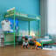 Lit superposé simple au-dessus d'un lit simple en L avec structure en métal peu encombrante avec bureau intégré et rangement, vert sauge pour les adolescents