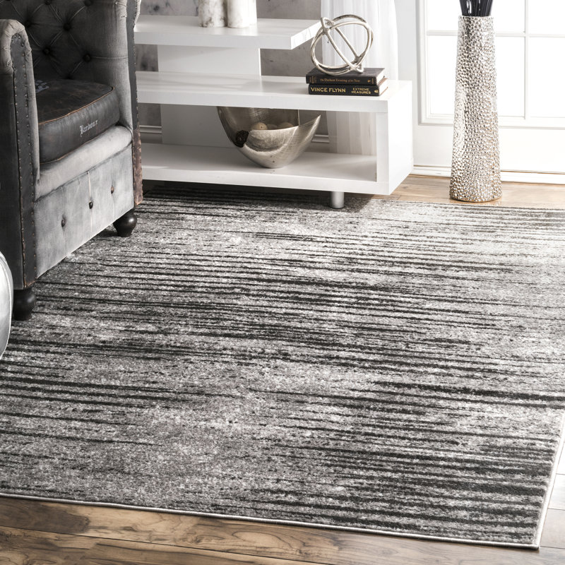 Khadijah Striped Light Gray Area Rug, Square 6'