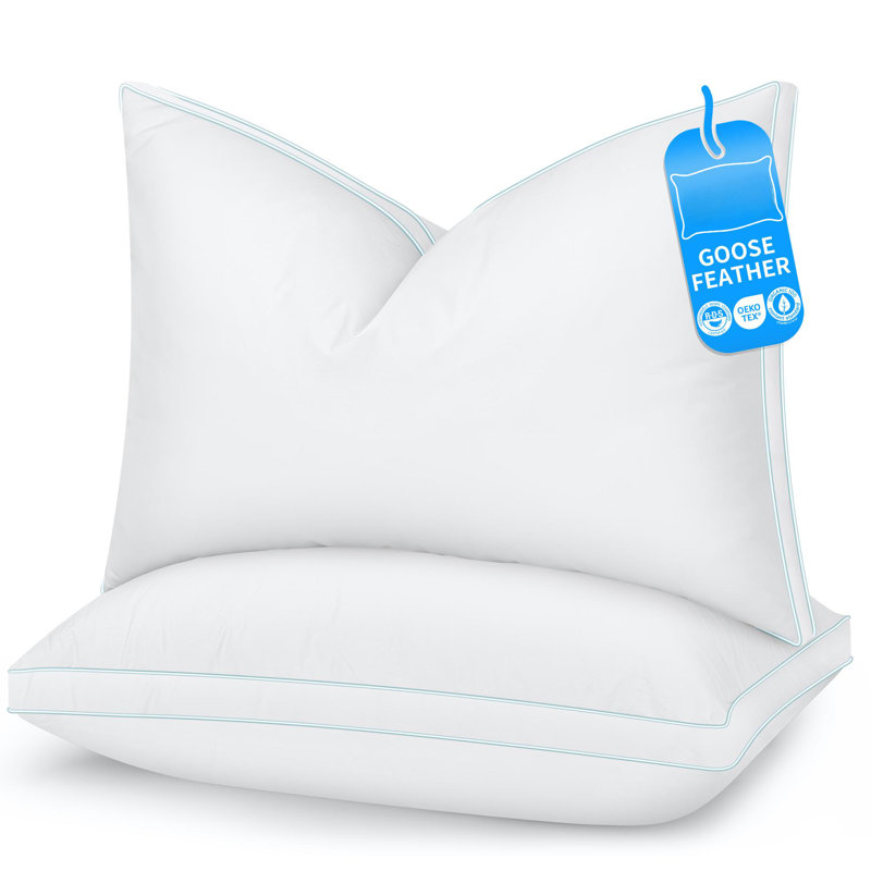 Luxury Thick Side Goose Feather Pillows With Cotton Cover, Goose Down Plush Support Medium Pillow, Queen