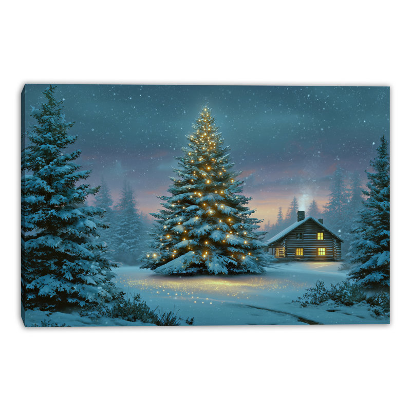 «Illuminated Christmas Tree in Snowy Forest», art mural sur toile tendue, 16 po x 24 po