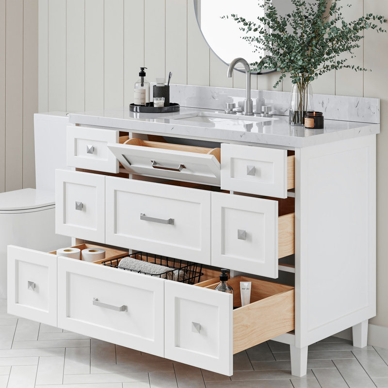 ARIEL Monroe 48 Single Sink Bathroom Vanity with Carrara Quartz Top, White, 48" - 49", Carrara White Quartz