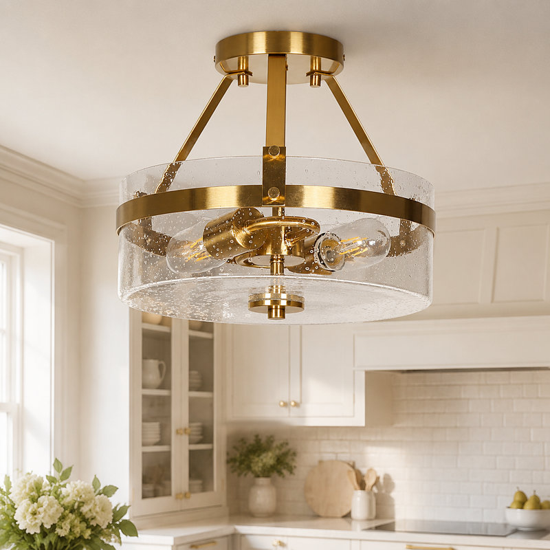 Plafonnier semi-encastré 2 lumières Modern Brass Gold avec abat-jour en verre bullé