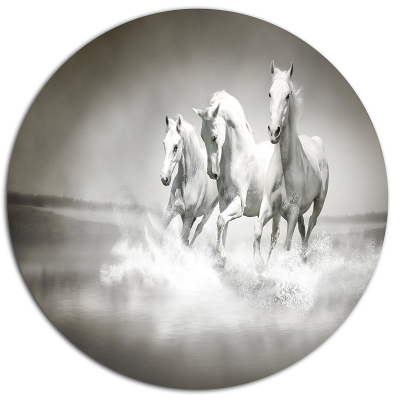 «Chevaux qui courent à travers l'eau», reproduction de cheval sur bois, H 23 po x l 23 po x P 1 po, Métal