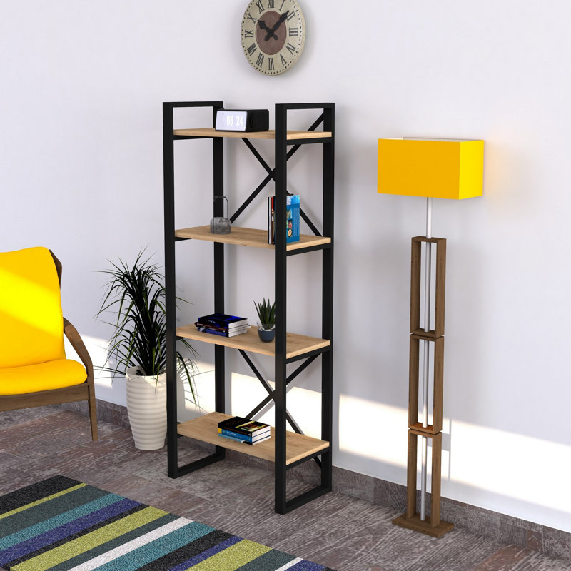 Industrial Bookshelf with Metal Frame, Sapphire Color, 25.9 x 59.1 x 12.6 inches | 100% Melamine Coated Particle Board, Thickness: 0.7 inches | Numerous Shelves, Wall-Mountable for Additional Storage Space
