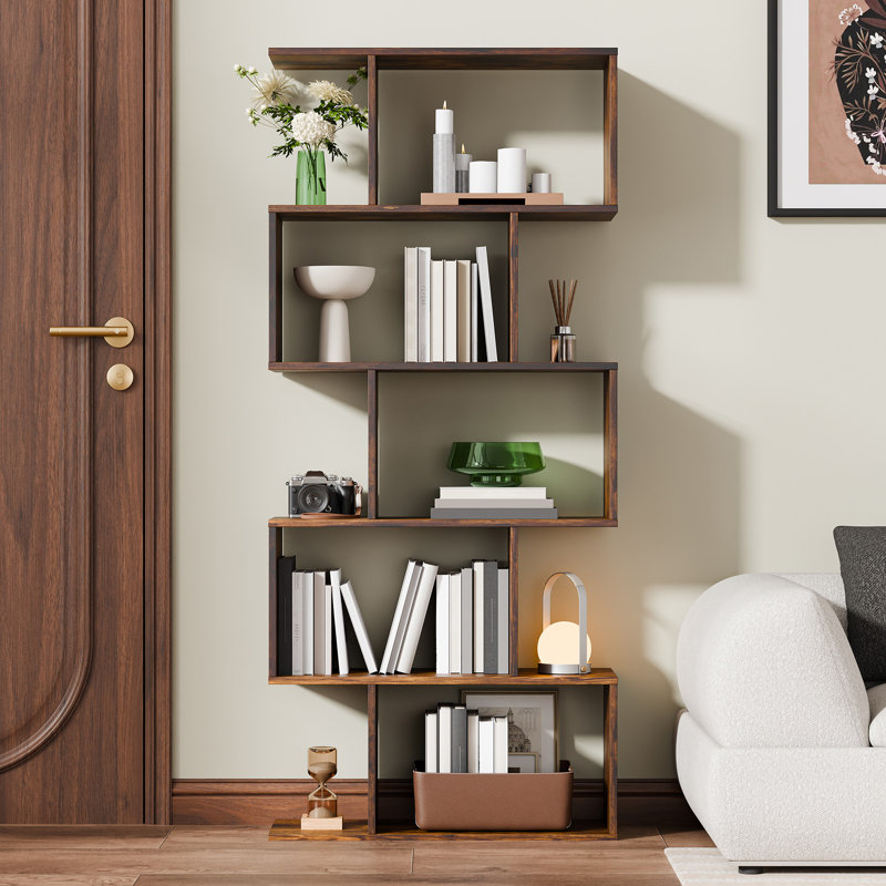 Geometric Bookcase 62.6'' H Geometri 5-Tier Bookcase (Set of 2), Brown