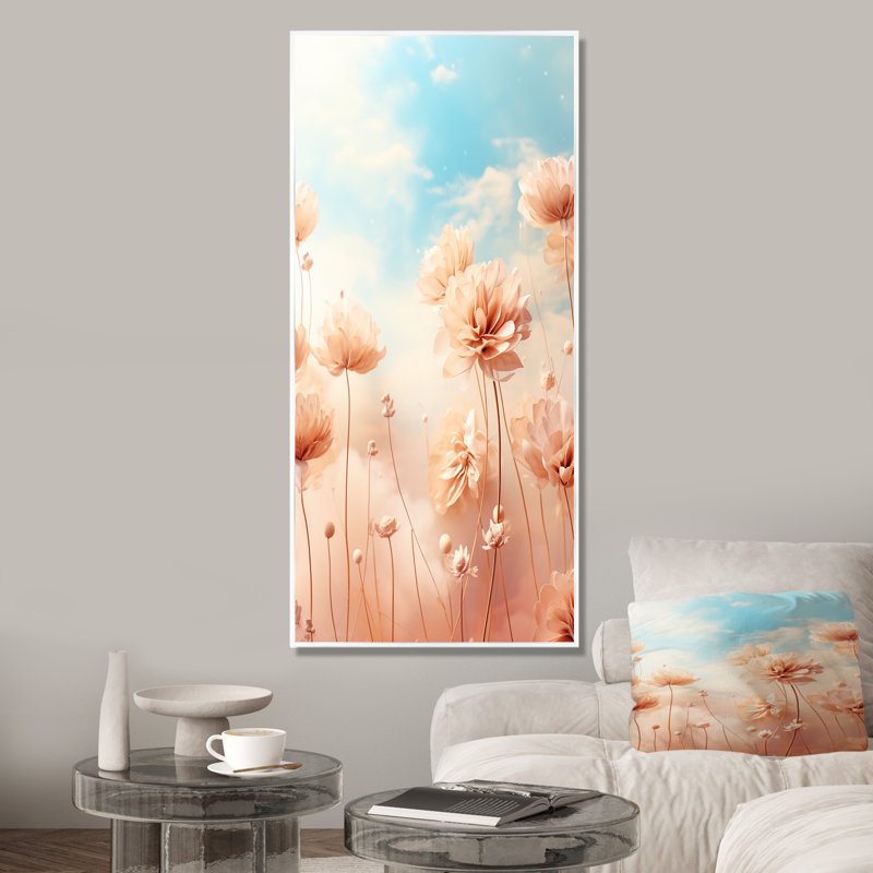 Nuage rose souci du soleil - art mural souci, Cadre flottant blanc, H 60 po x l 28 po x P 1,5 po